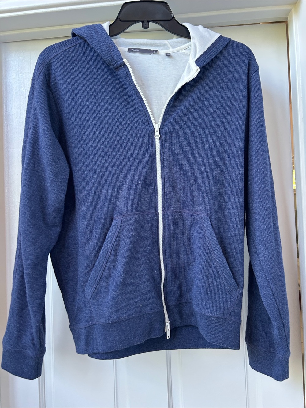 Vince Men's Blue Zip-Up Hoodie with Cream Lining